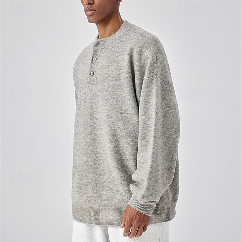 Men's Pullover Sweater Jumper Knit Sweater Pullover Polo Sweater Ribbed Knit Regular Knitted Plain Henley Fashion Basic Vacation Daily Wear Clothing Apparel Fall & Winter Black Light Grey M L XL2