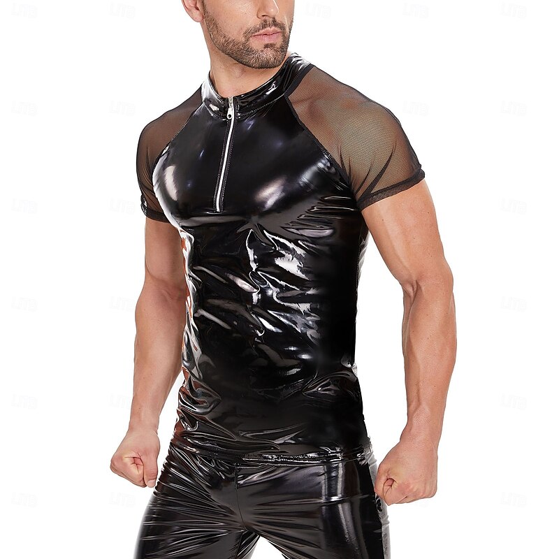 T-shirt Skin Suit Carnival Costume Men's Shiny Metallic Zipper Up Costume for Performance Club Pole Dance Halloween Carnival Adults'4