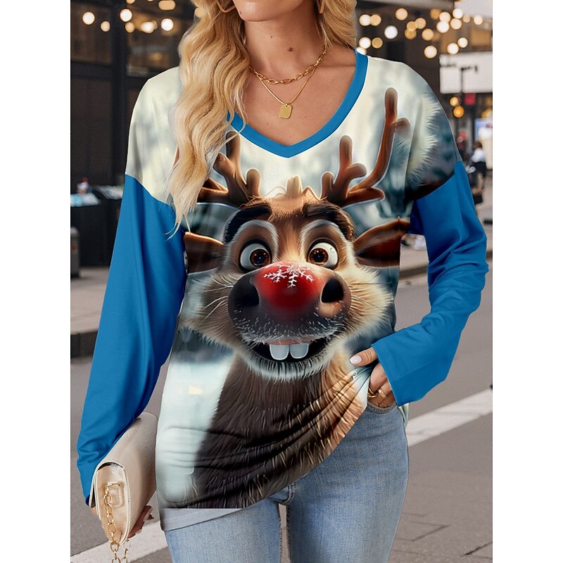 Women's T Shirt Modern Casual Print Long Sleeve Regular Tops V Neck  Daily Red Blue Brown Light Blue Fall Winter4
