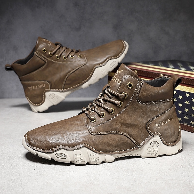 Men's Brown Faux Leather Lace-Up Ankle Boots | Durable Outdoor Footwear with Non-Slip Sole for Hiking and Casual Wear4