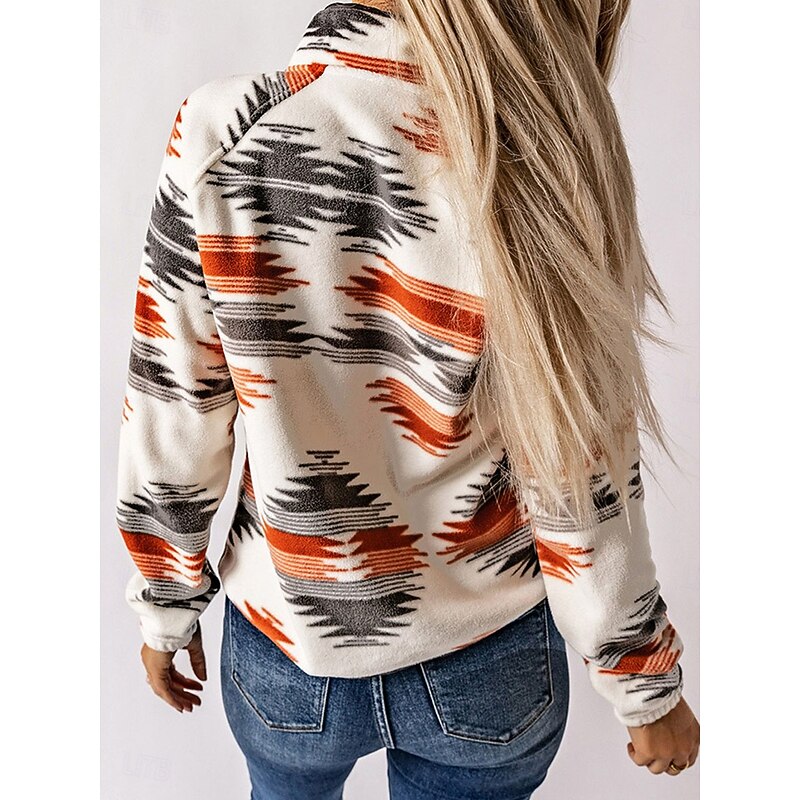 Women's Casual Jacket Outdoor Street Daily Wear Fall Winter Regular Coat Regular Fit Thermal Warm Breathable Ethnic Style Vintage Style Casual Jacket Long Sleeve Geometric with Pockets Print Orange2