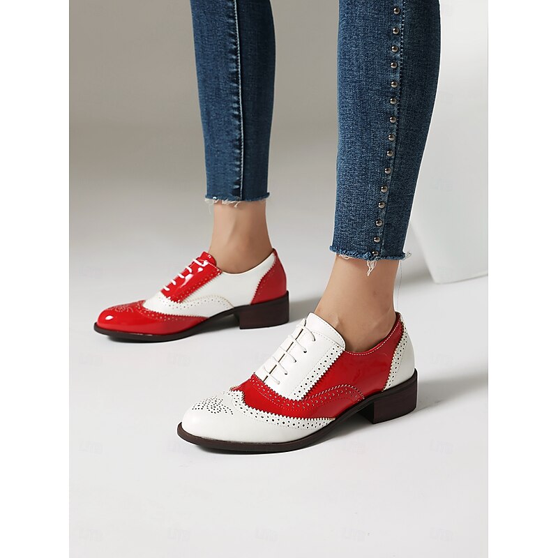 Women's Tri-Color Brogue Oxford Shoes with Wingtip Design and Low Heel - Vintage Formal Footwear for Office and Special Occasions 9