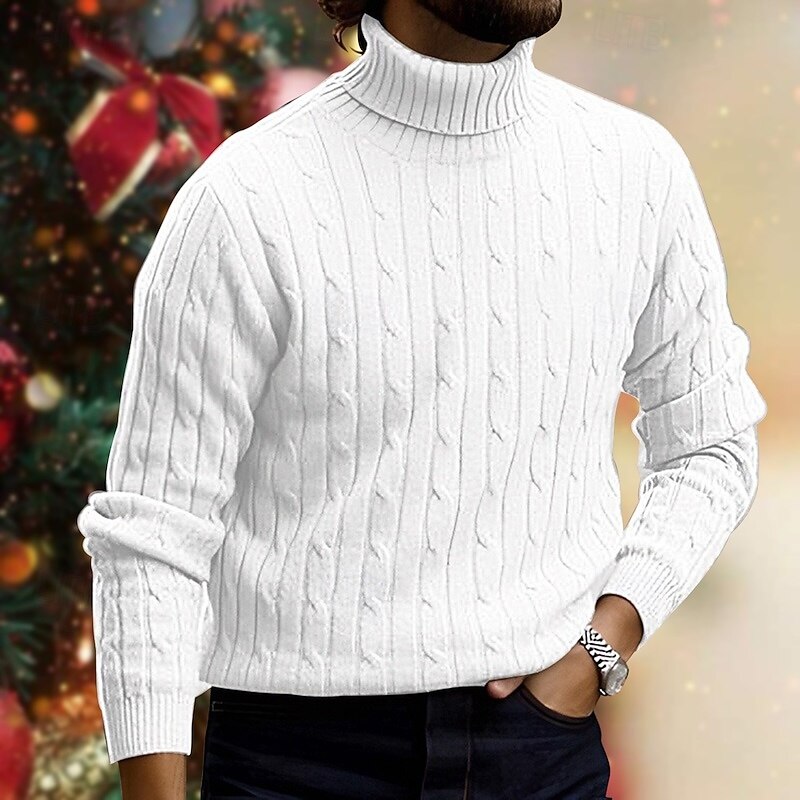 Men's Turtleneck Sweater Sweater Pullover Ribbed Cable Knit Knitted Plain Turtleneck Keep Warm Modern Contemporary Daily Wear Going out Clothing Apparel Fall & Winter Black White M L XL4
