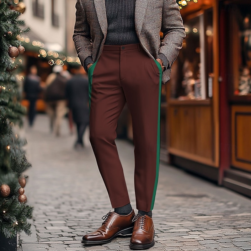 Christmas Men's Striped Dress Pants Mid Waist Fashion Casual Street Dailywear Holiday Zipper Pocket Summer Spring Fall 3D Print Brown - Main Image