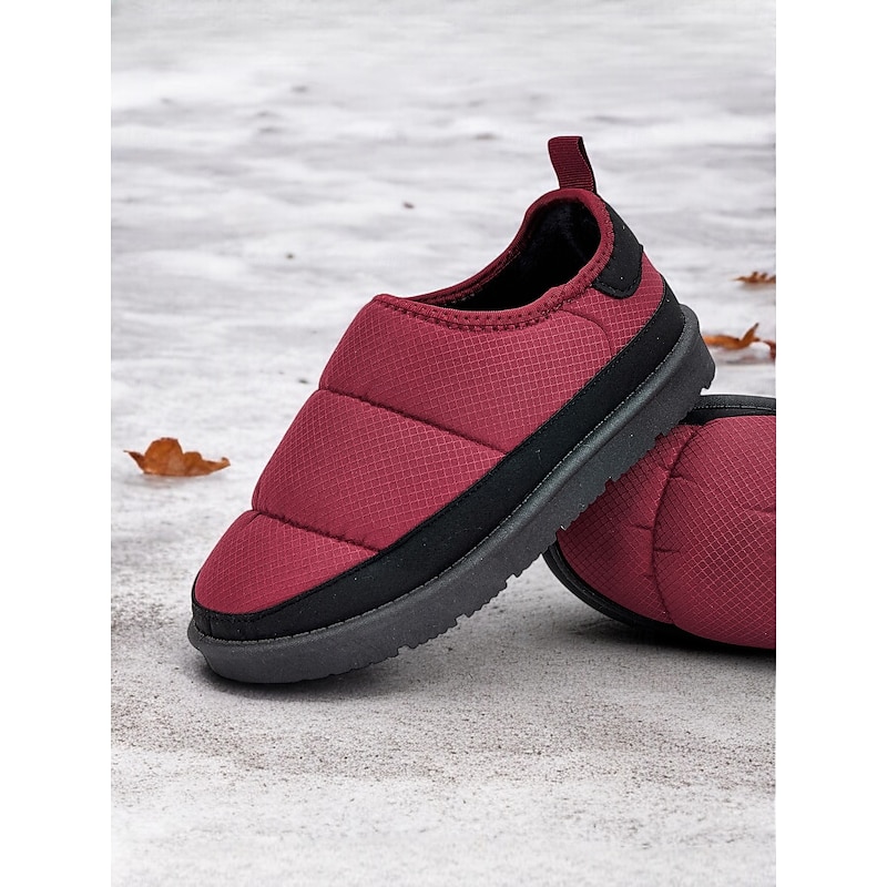 Women's Red Quilted Winter Slippers with Non-Slip Sole – Warm Indoor and Outdoor Slip-On Shoes for Cold Weather