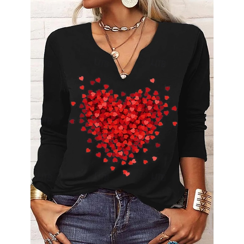 Valentine Women's Heart T Shirt Casual Regular Tops Long Sleeve V Neck Asymmetric Neck Patchwork Print Regular Fit Vacation Daily Black Fall Winter - Main Image