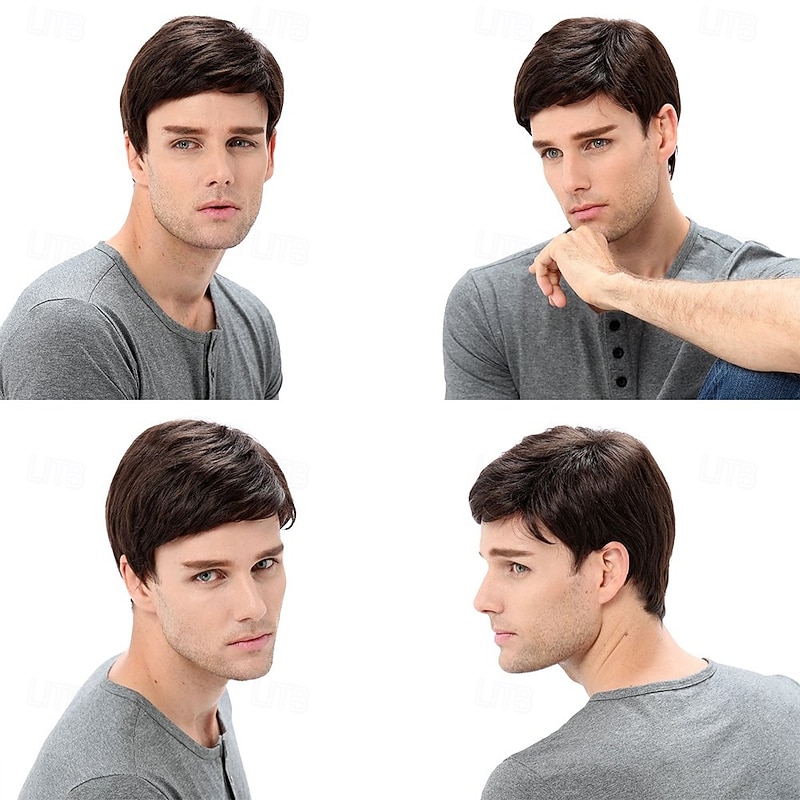 Mens Brown Wig Male Guy Short Layered Cosplay Costume Party Natural Hair2