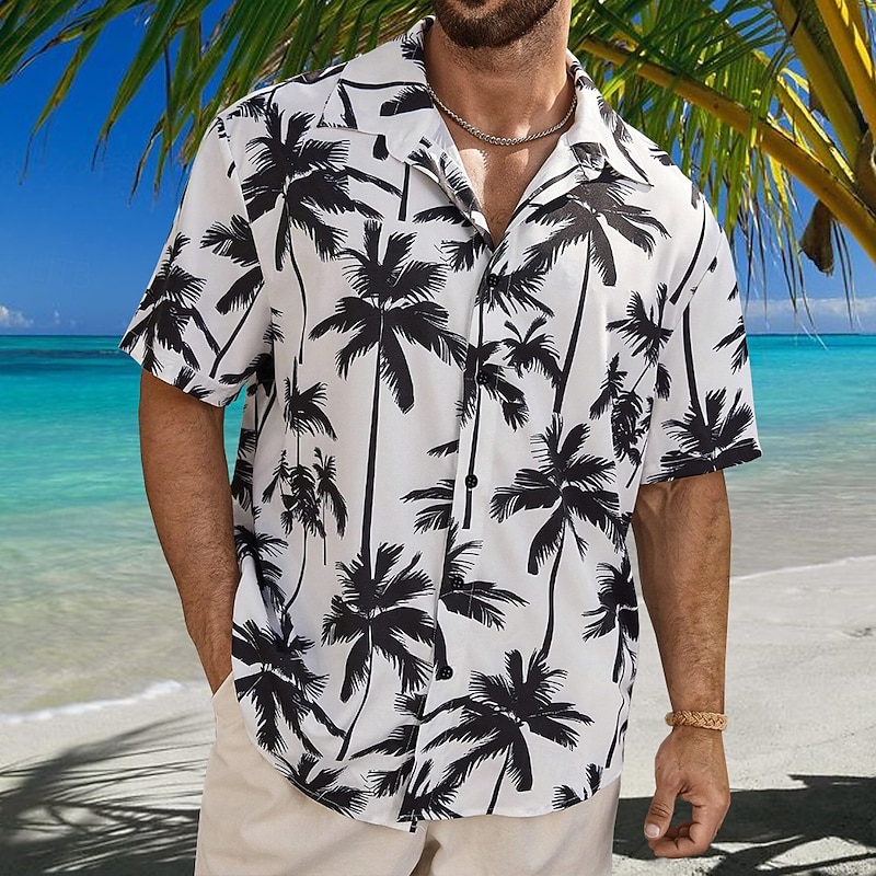 Men's Tree Casual Shirt Summer Hawaiian Shirt Aloha Shirt Short Sleeve Resort Outdoor Casual Summer Spring Turndown Button Up Black