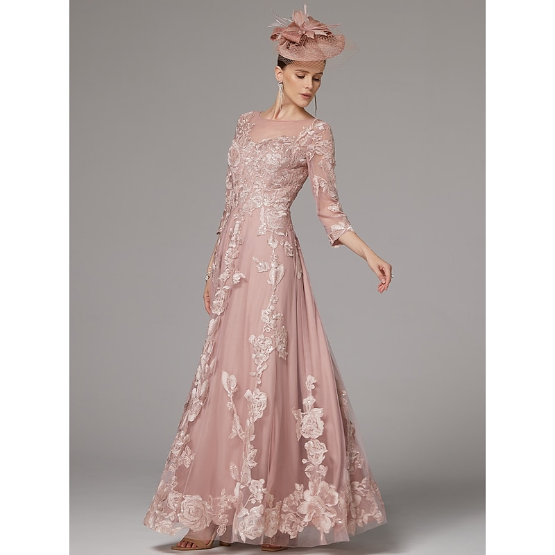 A-Line Dress Mother of the Bride Dress Beach Wedding Elegant Jewel Neck Floor Length Lace 3/4 Length Sleeve with Lace Pleats Appliques