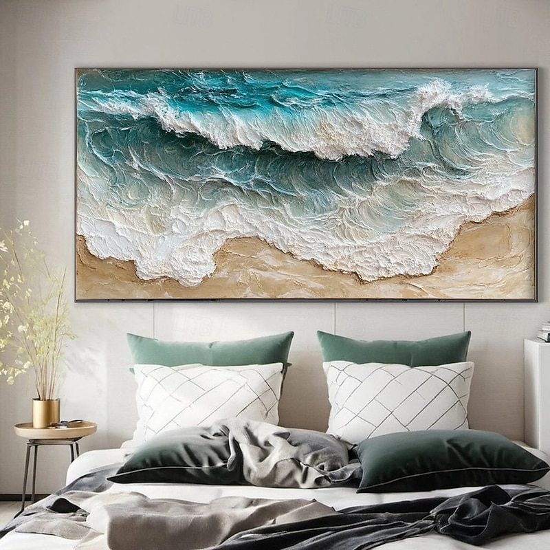 Blue Ocean Oil Painting hand painted 3D Textured Painting on Canvas Blue ocean Minimalist Painting Sea Wave Painting Wabi-Sabi Wall Art Morden Art Bedroom Wall Decor Fashion Art