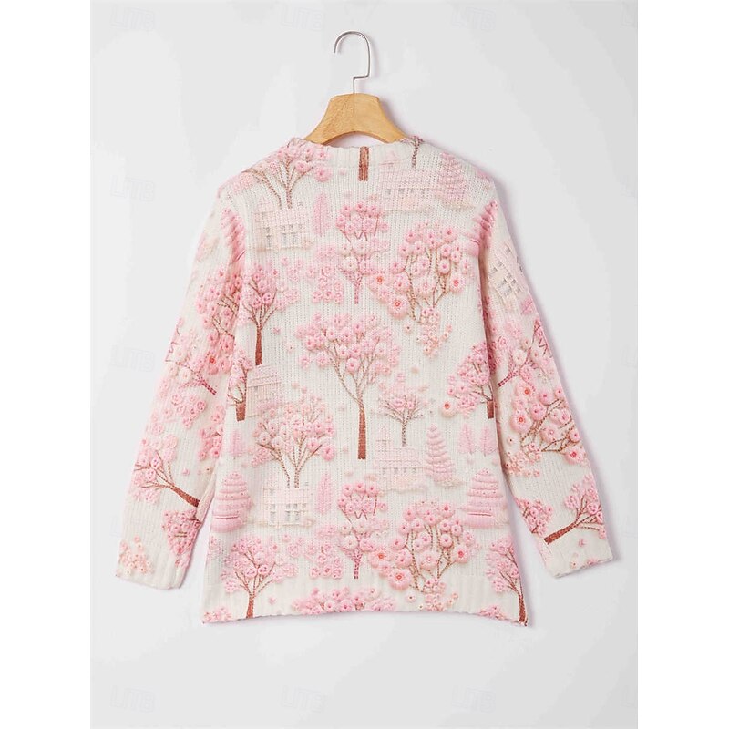 Women's Cardigan Sweater Knitted Ribbed Button Front Round Neck Long Sleeve Lightweight female Daily Graphic Animal Crew Neck Print Regular Tops Knit Weekend Pink Fall Winter4