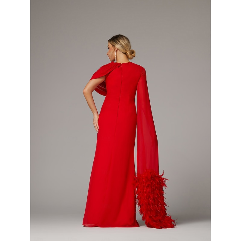 Sheath Evening Gown Elegant Dress Formal Fall Sweep / Brush Train Sleeveless Floor Length Cowl Neck Chiffon with Feather Ruched Slit2