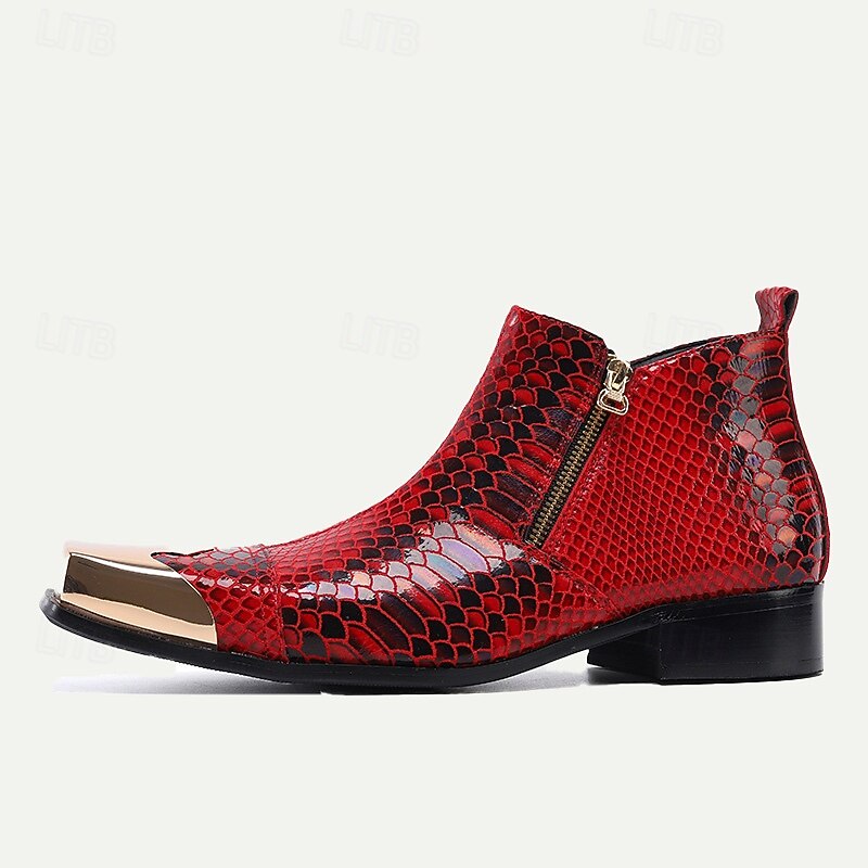 Men's Red Snakeskin Leather Ankle Boots with Metallic Toe Cap – Bold Fashion Statement for Parties and Events4