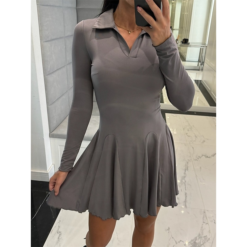 Women's A Line Dress Mini Dress Ruffle Date Vacation Elegant Lapel Long Sleeve Black Coffee Gray Color