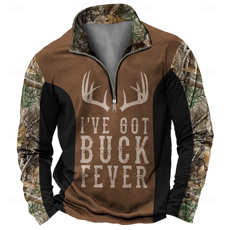 Men's Letter Printed Deer Golf Shirt Long Sleeve Polo Shirts Collared Shirts Vintage Casual Outdoor Street Dailywear 3D Print Spring Fall & Winter Brown