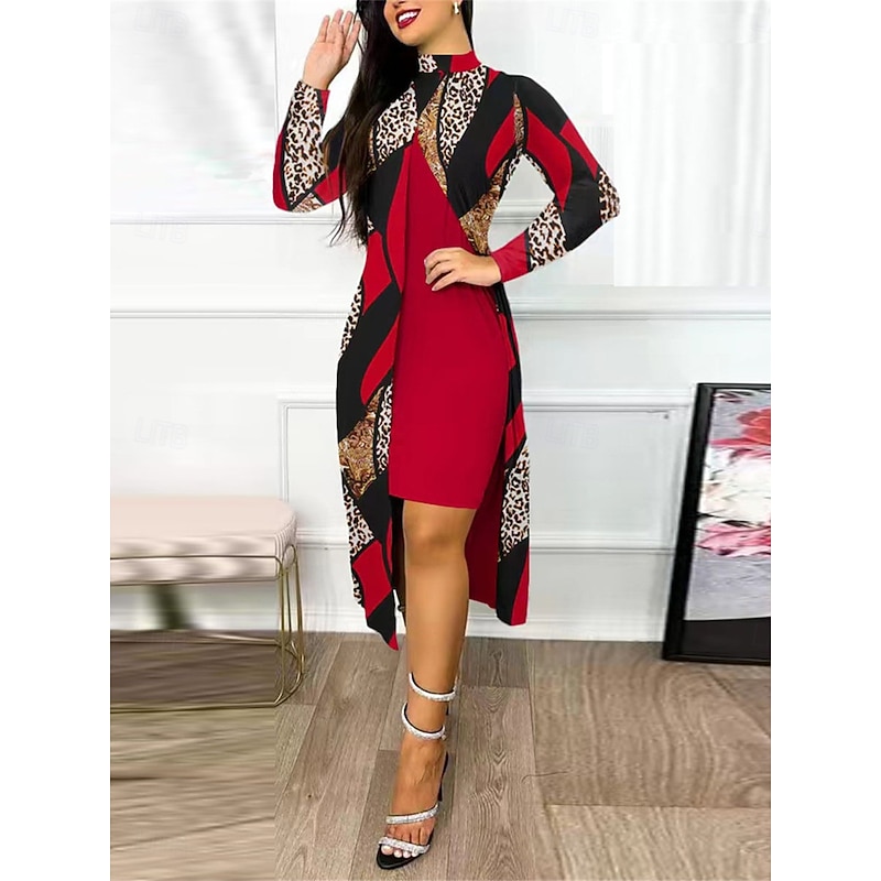 Women's Dress Set Casual Dress Casual Leopard Color Block Print Midi Dress Long Sleeve Stand Collar Outdoor Daily Yellow Red Navy Blue Summer Spring Regular Fit3