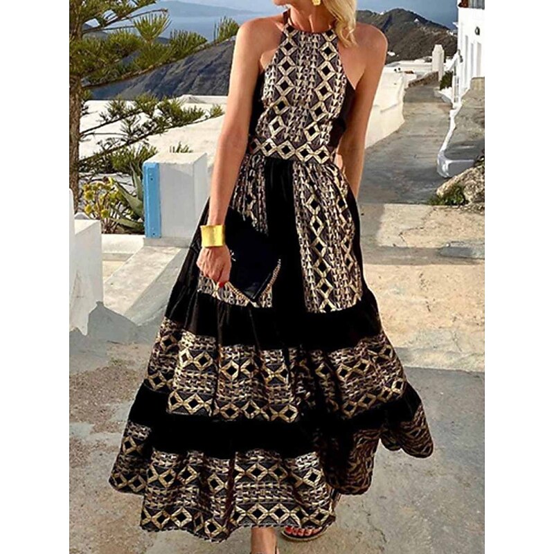 Women's Geometric Halter Neck Maxi Dress Sleeveless Summer Spring