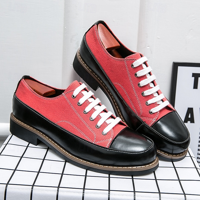 Men's Red Canvas and Black Faux Leather Oxford Shoes - Casual Lace-Up Design with Contrasting Stitching for Everyday Wear2