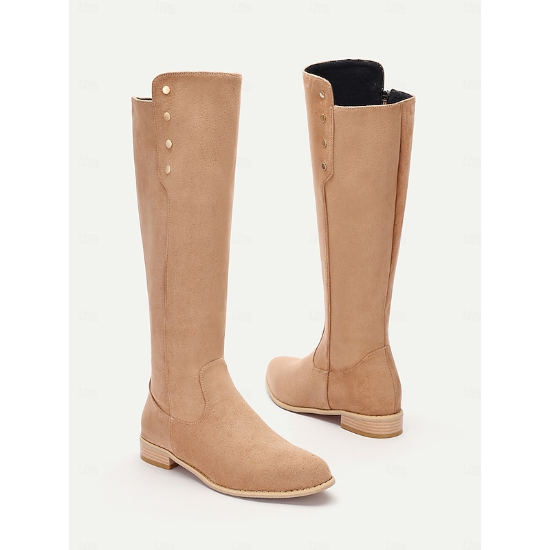 Women's Beige Suede Knee-High Boots with Button Detail - Stylish Footwear for Casual Outings and Autumn Fashion4