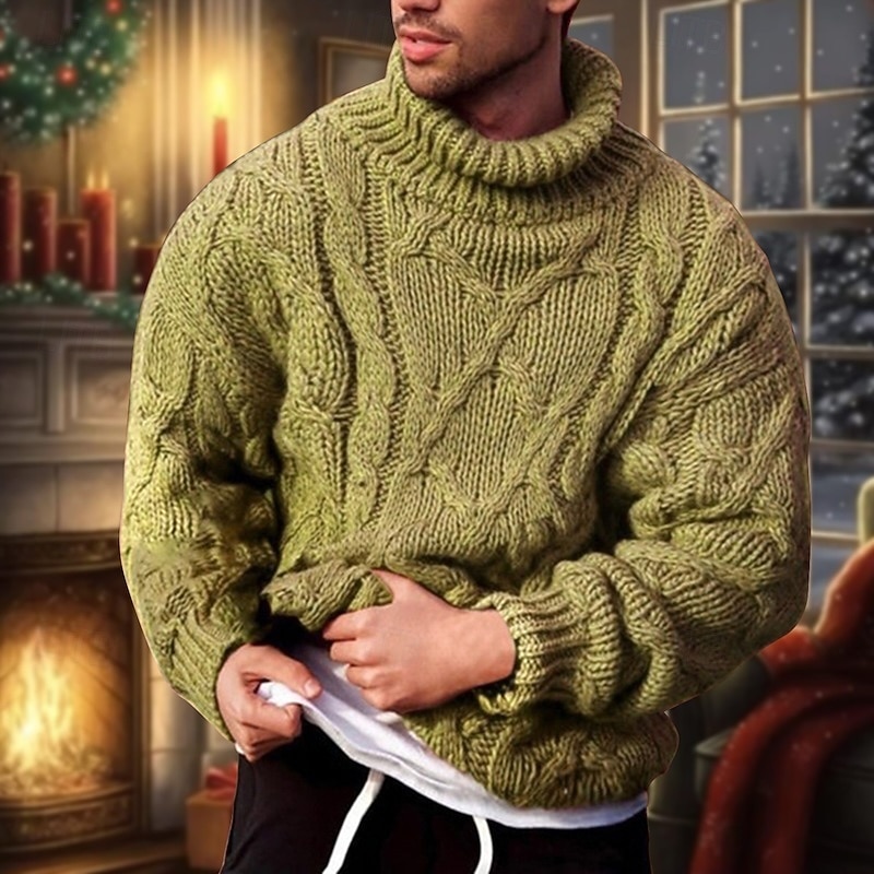 Men's Turtleneck Sweater Sweater Pullover Sweater Jumper Cable Chunky Knit Knitted Solid Color Turtleneck Stylish Basic Daily Holiday Clothing Apparel Fall Winter Black Army Green S M L3