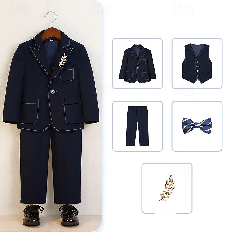 5 Pieces Ring Bearer Suit Boys Kids Suit Formal Suit Blazer & Vest & Pants & Brooch & Tie Formal Party Valentines Fashion Cool Solid Color Pocket Navy Blue Blue Polyester2