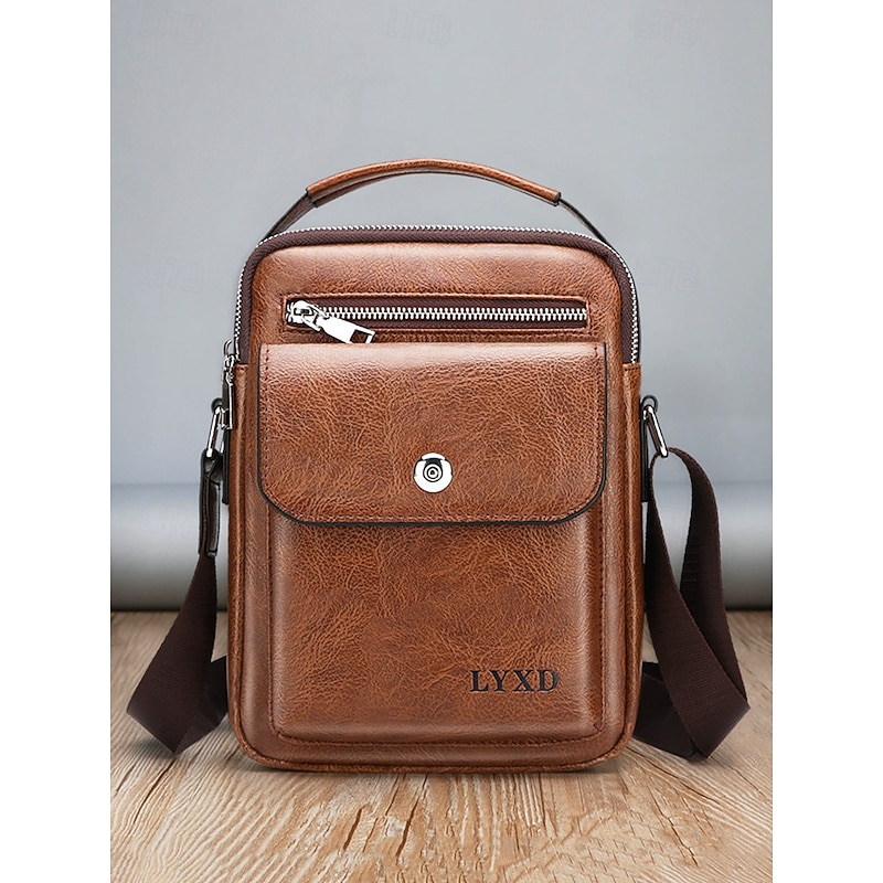 Men's Vintage Brown Faux Leather Crossbody Bag – Compact Shoulder Bag with Multiple Pockets for Travel, Work, and Everyday Use