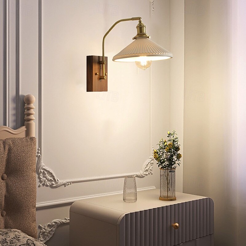 Vintage Wall Light Walnut Wall Mount Single Light White Ceramic Reading Light Wall Mount Copper Headboard Lamp E27 85-265V3