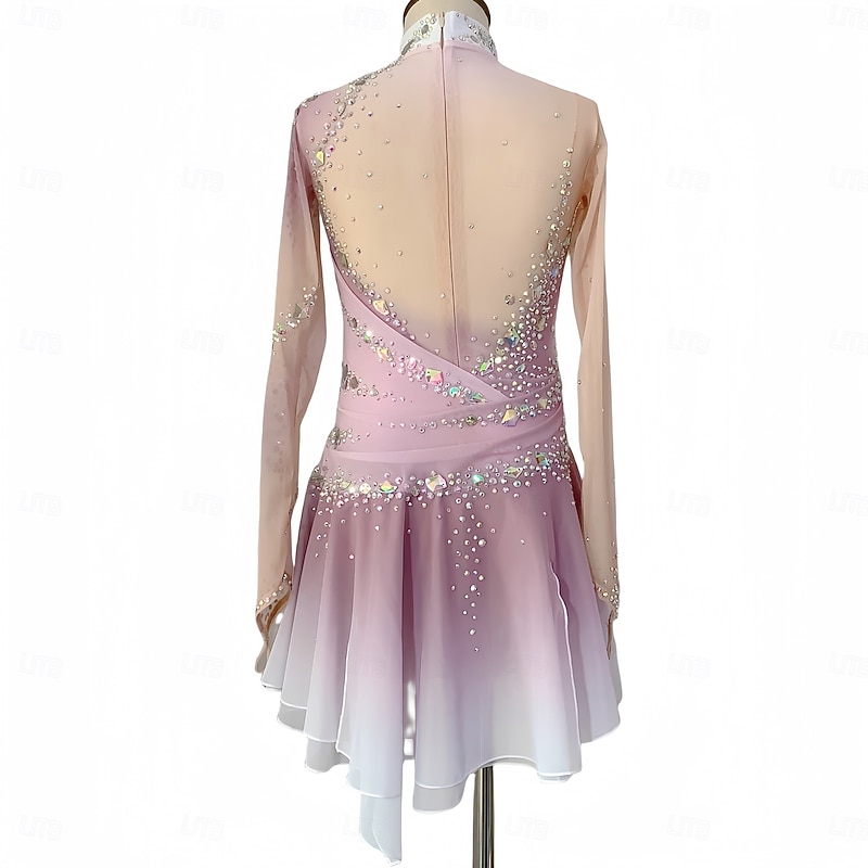 Figure Skating Dress Women's Girls' Ice Skating Dress Dusty Rose Thumbhole Halo Dyeing Mesh Spandex Stretchy Training Practice Professional Skating Wear Thermal Warm Classic Crystal / Rhinestone Long2