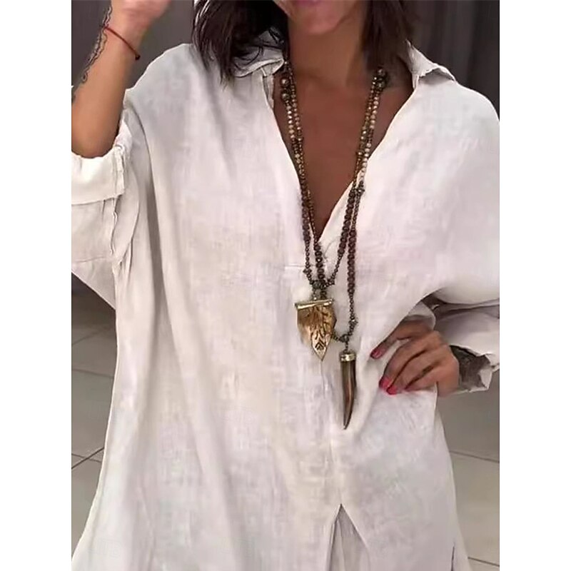 Women's Shirt Cotton Linen Shirts Button Up Blouse Solid Color Basic Casual Long Sleeve Shirt Collar Regular Tops Daily Asymmetric Hem White Fall Winter4