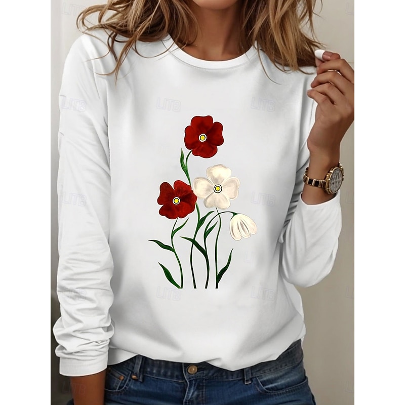 Women's 100% Cotton Tunic T Shirt Fashion Casual Print Long Sleeve Regular Tops Crew Neck Daily White Spring Fall Prefall