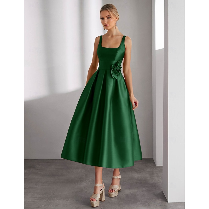 A-Line Cocktail Dresses Beach Wedding Elegant Dress Formal Wedding Tea Length Sleeveless Square Neck Satin with Glitter Slit Shouder Flower Dresses4