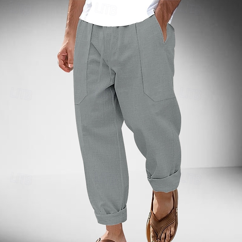 Men's Linen Pants Trousers Summer Pants Drawstring Elastic Waist Straight Leg Plain Comfort Breathable Full Length Outdoor Casual Daily Fashion Classic Style Black White