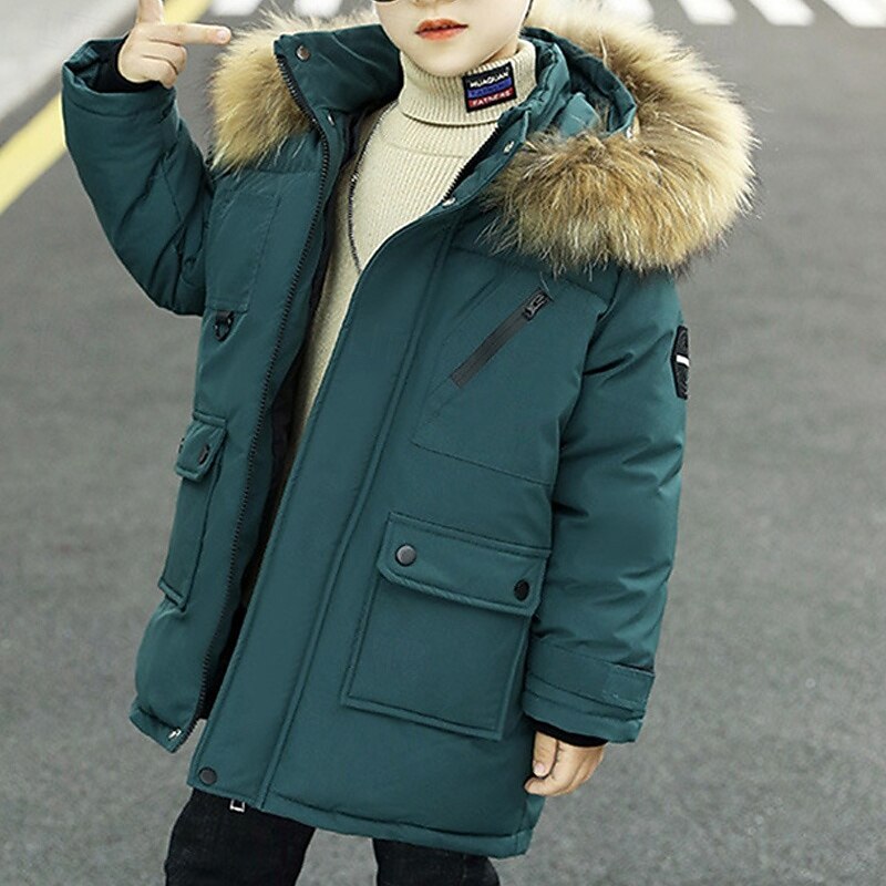 Kids Boys' Hoodie Jacket Puffer Jacket Outerwear Solid Color Long Sleeve Pocket Coat Outdoor Daily Basic Black Blue Green Fall Winter 4 years+4