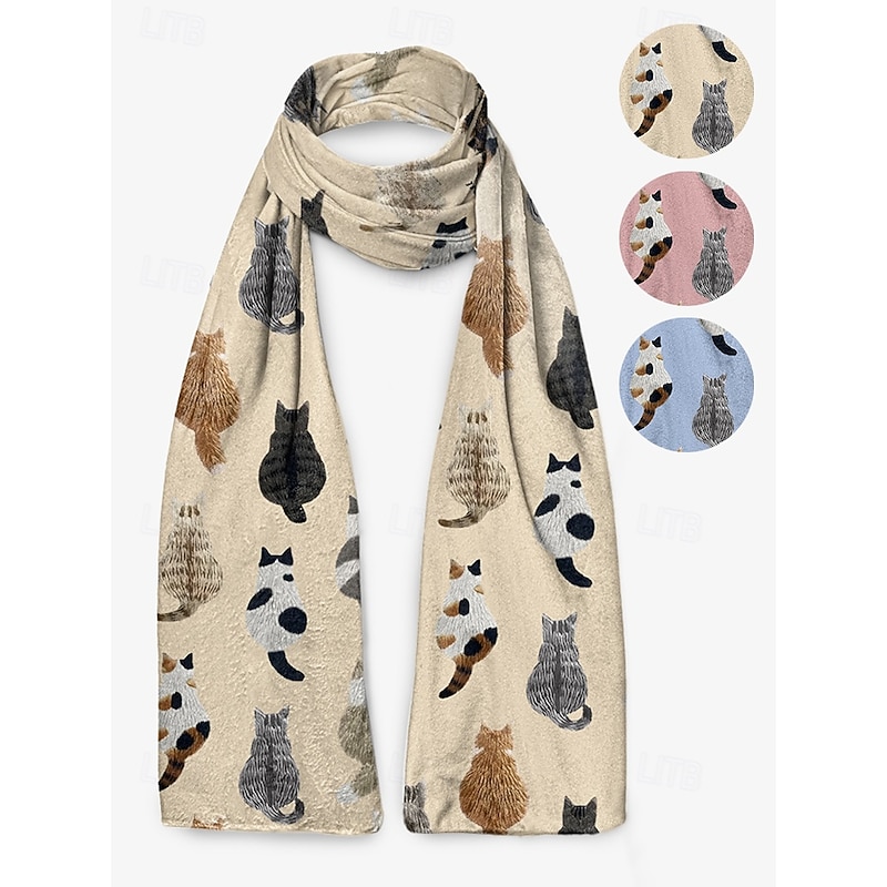 Women's Cute Cat Patterned Beige Scarf – Cozy and Stylish Winter Accessory3