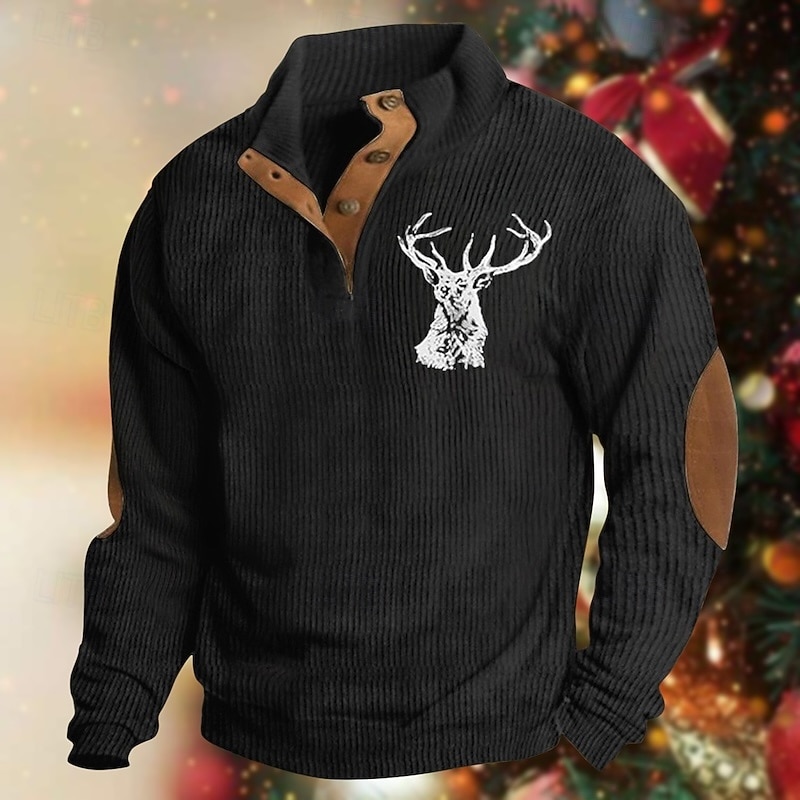 Men's Sweatshirt Black Green Khaki Gray Standing Collar Color Block Reindeer Patchwork Sports & Outdoor Daily Holiday Polyester Streetwear Basic Casual Spring &  Fall Clothing Apparel Hoodies2