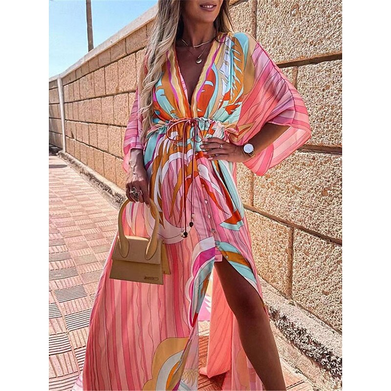 Women's Color Block V Neck Maxi Dress 3/4 Length Sleeve Summer Spring3