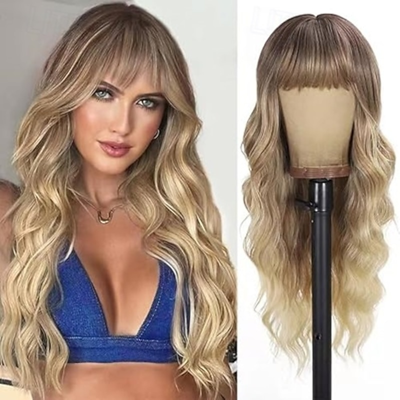 Wigs with Bangs,Long Curly Wig for Women Long Wavy Wig Synthetic Hair Wig for festival holiday Use4