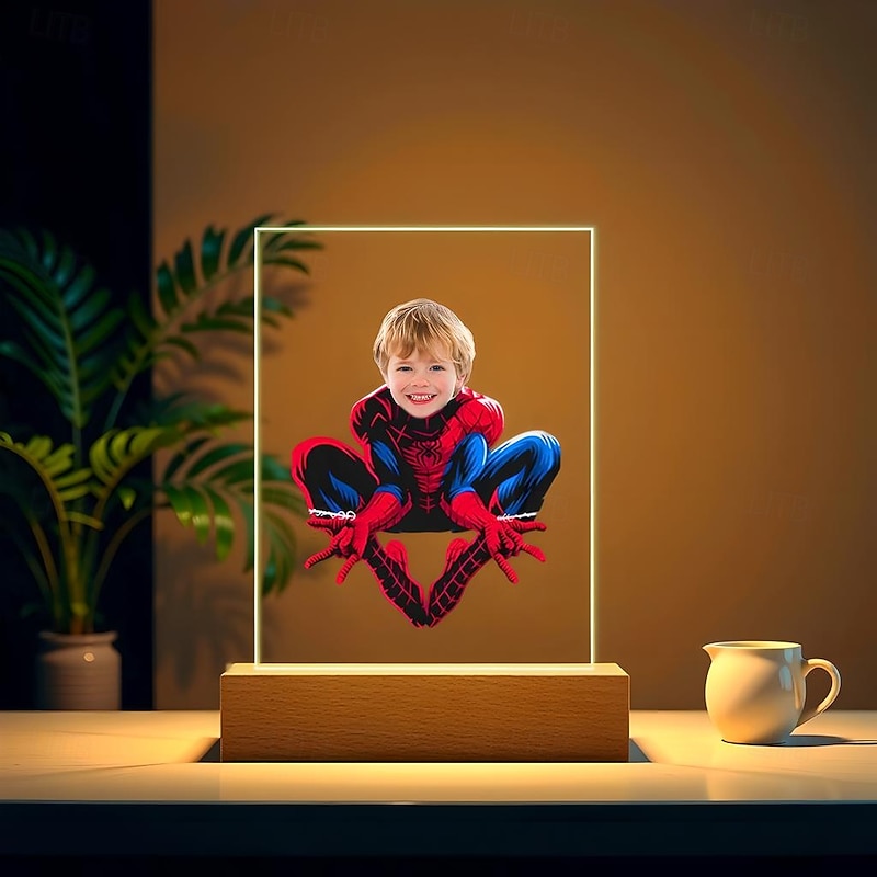 Personalized Photo USB Night Light Acrylic Custom Spider Superhero Kid Face Night Light Christmas Decoration Gifts for Superhero Fans2