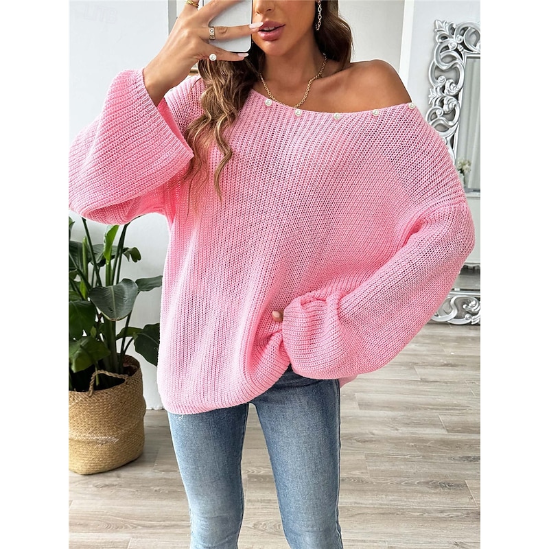 Women's Sweater Casual Soft Pure Color Ribbed Boat Neck Beaded Knitted Long Sleeve Regular Tops Knit Outdoor Daily Weekend Black White Fall Winter