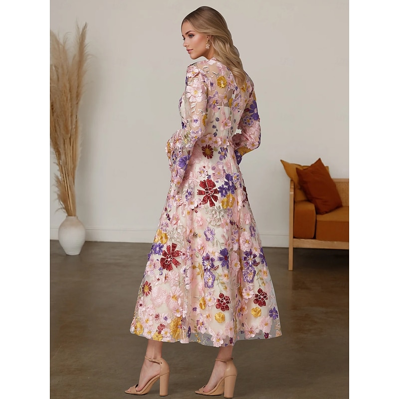 Beach Wedding A-Line Mother of the Bride Dress Formal Wedding Guest Elegant High Neck Ankle Length Tulle Long Sleeve with Embroidery Flower free custom size2