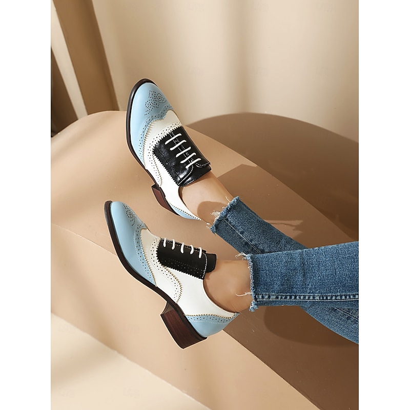 Women's Tri-Color Brogue Oxford Shoes with Wingtip Design and Low Heel - Vintage Formal Footwear for Office and Special Occasions 21