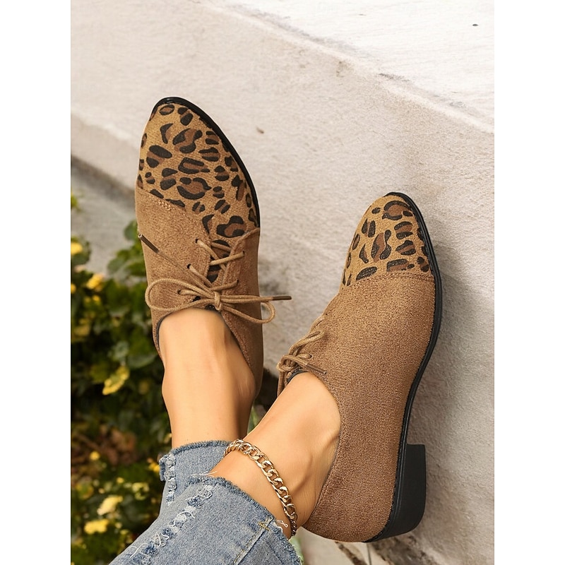Brown Faux Suede Leopard Print Oxford Shoes - Stylish Lace-Up Flats for Women, Perfect for Casual and Vintage Looks4