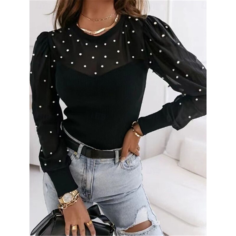 Women's Shirt Blouse Polka Dot Casual Long Sleeve Crew Neck Regular Tops Daily Mesh Patchwork Black Fall Winter