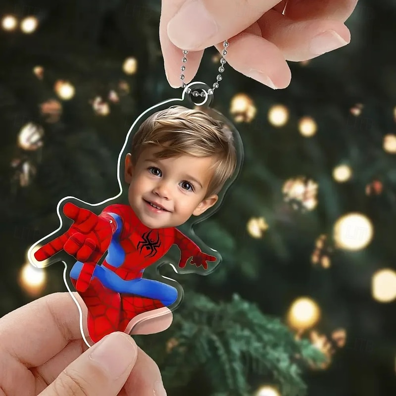Personalized Photo Hanging Ornaments Custom Spider Superhero Kid Face Acrylic 2D Christmas Tree Ornaments Hanging Car Pendant Gifts for Superhero Fans3