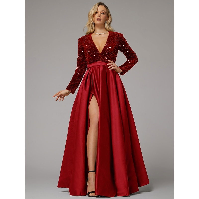 Ball Gown Evening Gown Elegant Dress Wedding Guest Birthday Floor Length Long Sleeve V Neck Pocket Satin with Sequin Pocket 10