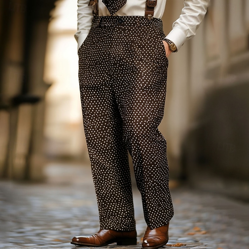 Men's Geometric Pattern Polka dots Dress Pants Mid Waist Business Casual Formal Wedding Dailywear Zipper Pocket Straight Leg Trousers Summer Spring Fall 3D Print Brown2