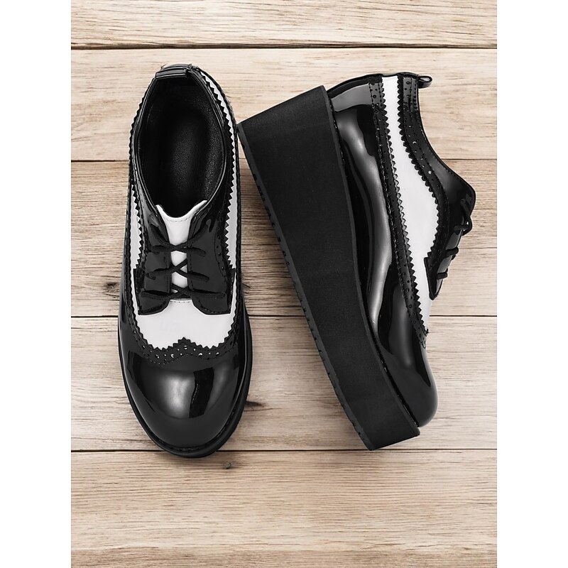 Women's Black and White Platform Brogue Oxfords – Vintage Patent Leather Lace-Up Shoes with Thick Sole3