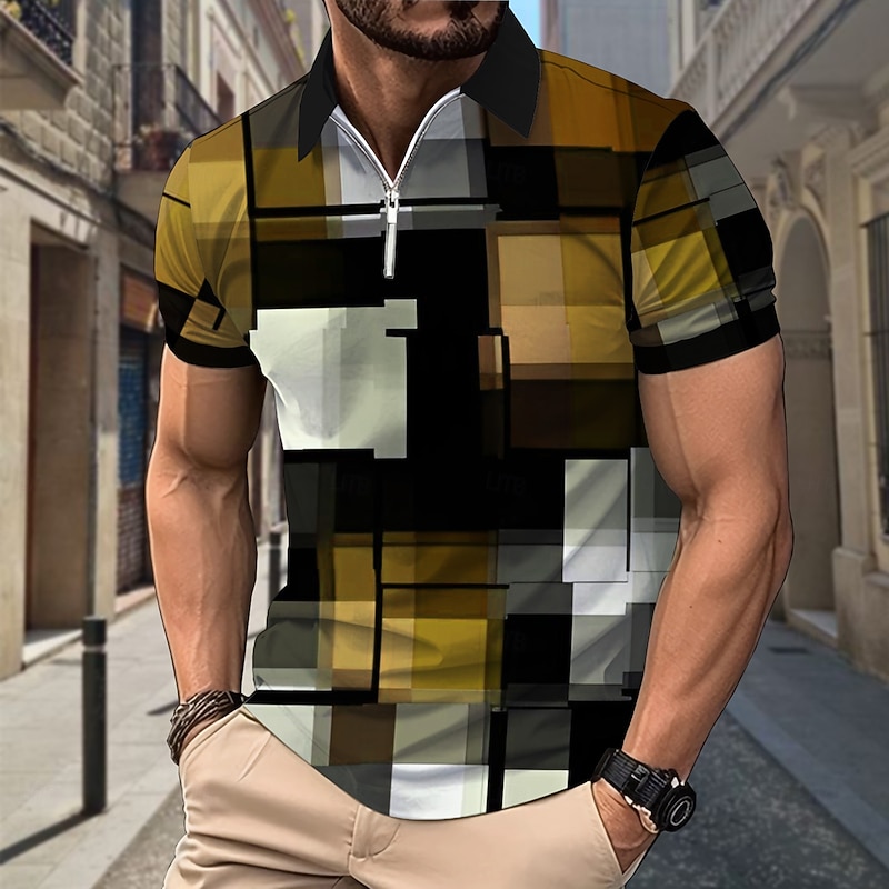 Men's Plaid Polo Shirts Zip Polo Short Sleeve Polo Shirts Collar Casual Formal Vacation Dailywear 3D Print Summer Spring Black Yellow Red3