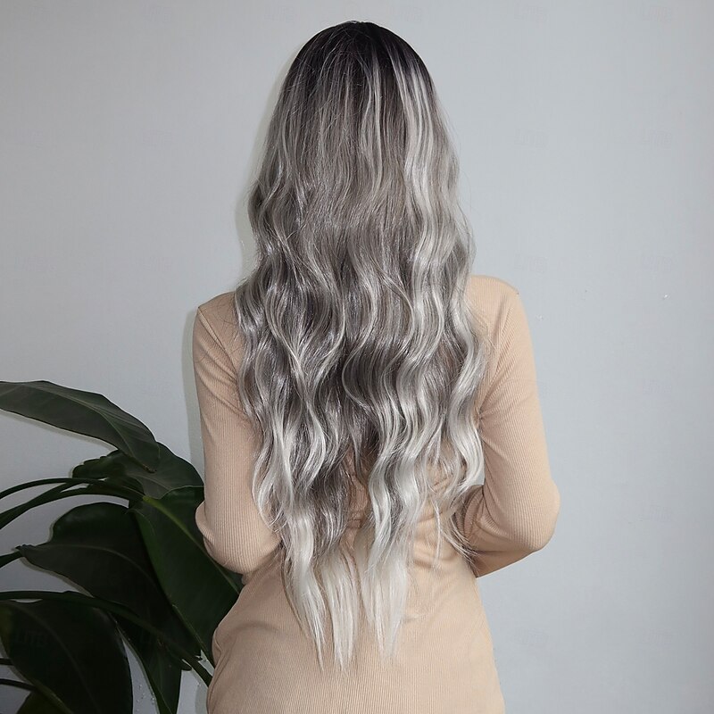 Synthetic Wig Wavy Bouncy Curl Middle Part Neat Bang Wig 28 inch Silver grey Synthetic Hair Women's Middle Part Cool Adorable Gray2