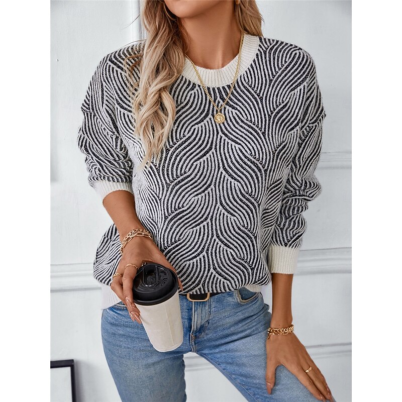 Women's Sweater Casual Soft Geometric Ribbed Crew Neck Knitted Long Sleeve Regular Tops Knit Outdoor Daily Weekend Black Fall Winter 8